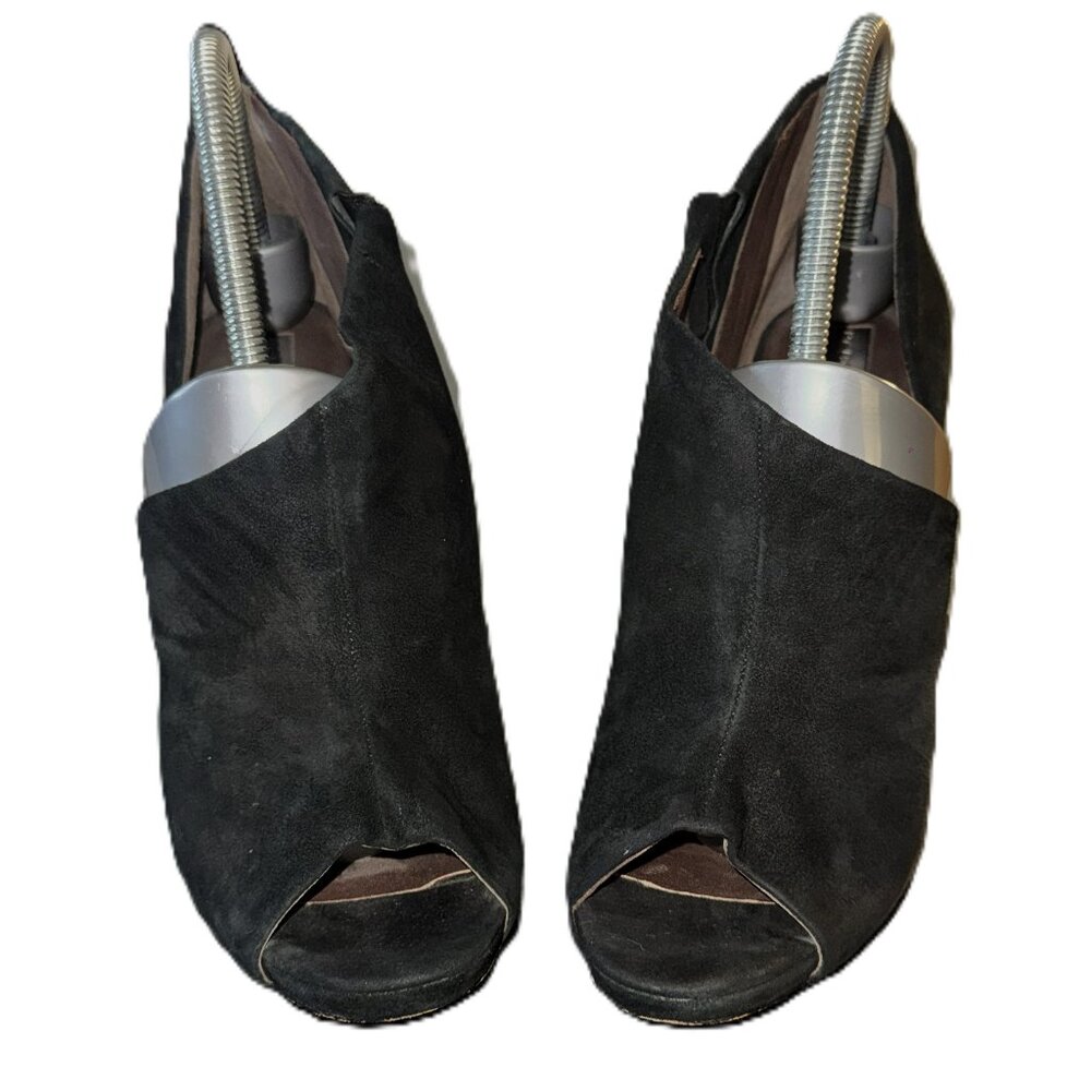 BCBGMAXAZRIA Black Suede Peep-Toe Wedge Bootie/Mules